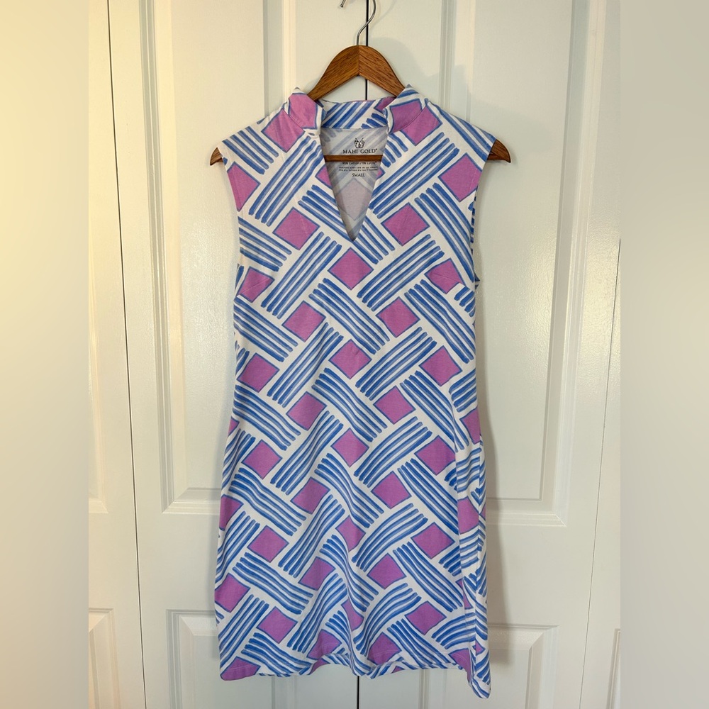 Mahi Gold Women's Sleeveless Collar Dress Small Purple Blue White Geometric EUC